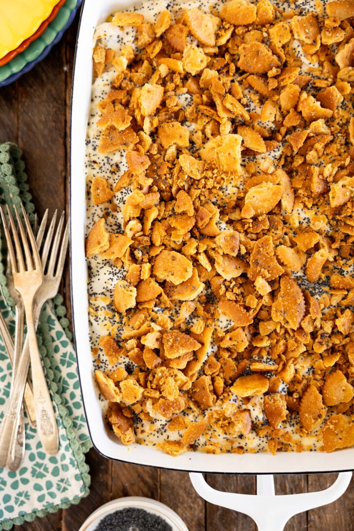 Poppy Seed Chicken Casserole in a white dish.