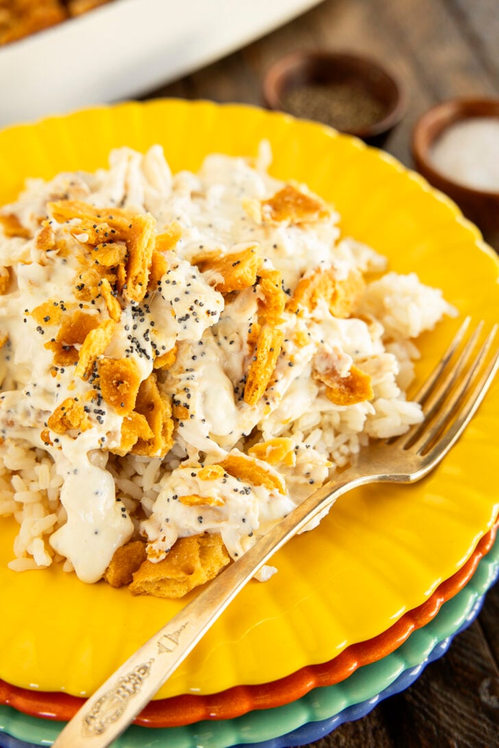 Poppy Seed Chicken Casserole on white rice.