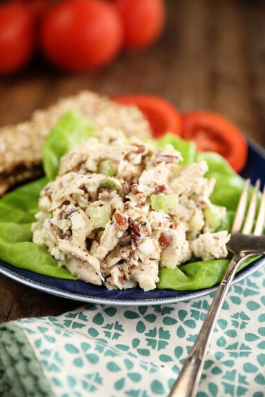Scoop of Southern Pecan Chicken Salad on lettuce