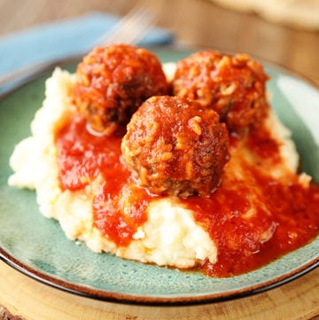 Porcupine Meatballs served over mashed potatoes