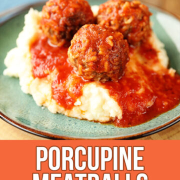 Porcupine Meatballs served over mashed potatoes for Pinterest