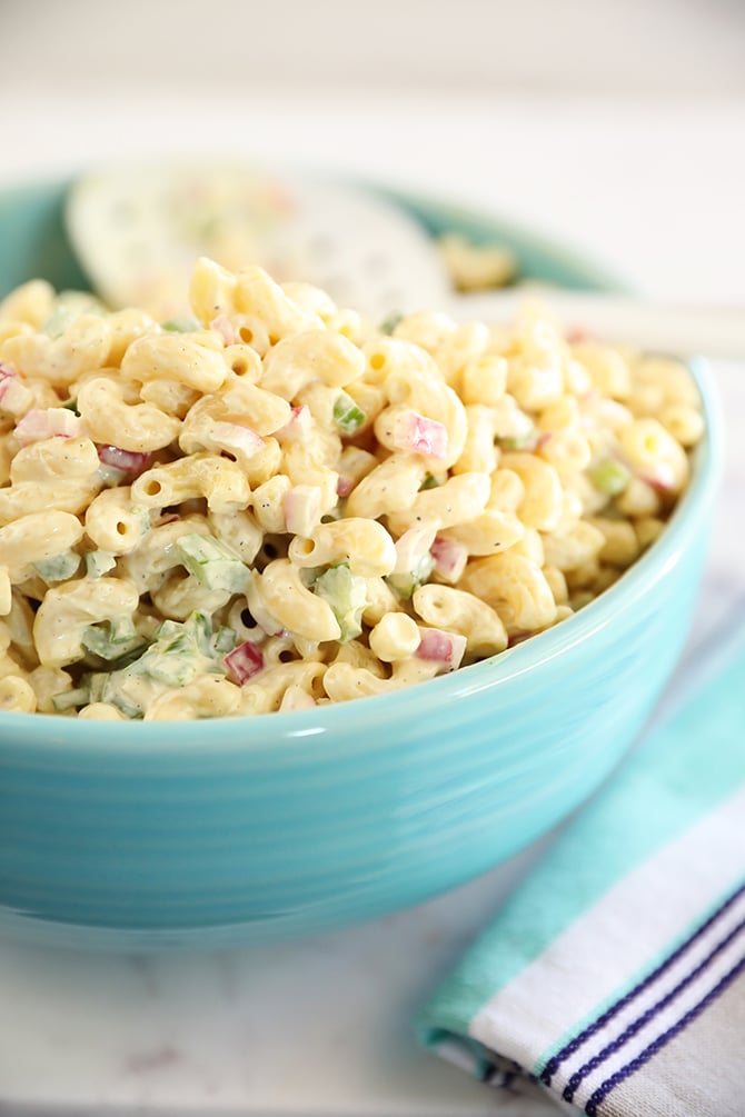 Classic Macaroni Salad in a blue bowl