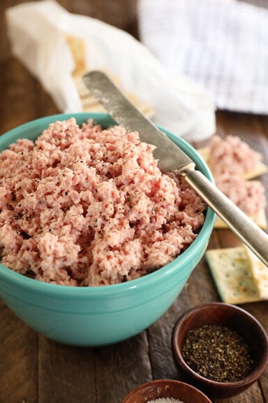 Deviled ham in a blue bowl