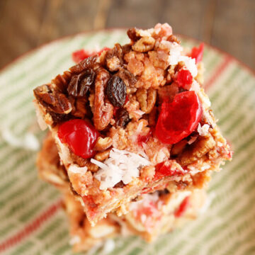 Stacked slices of Icebox Fruit Cake from top