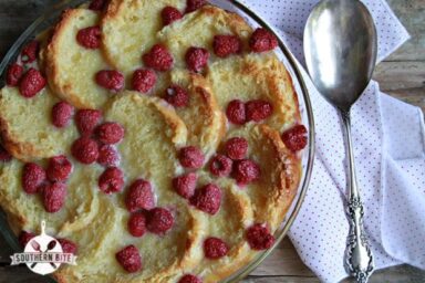 White Chocolate Raspberry Biscuit Bread Pudding