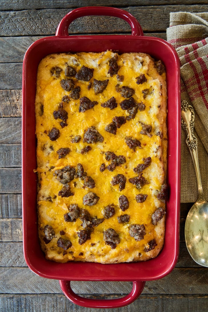 Grits and Sausage Casserole in a baking dish. 