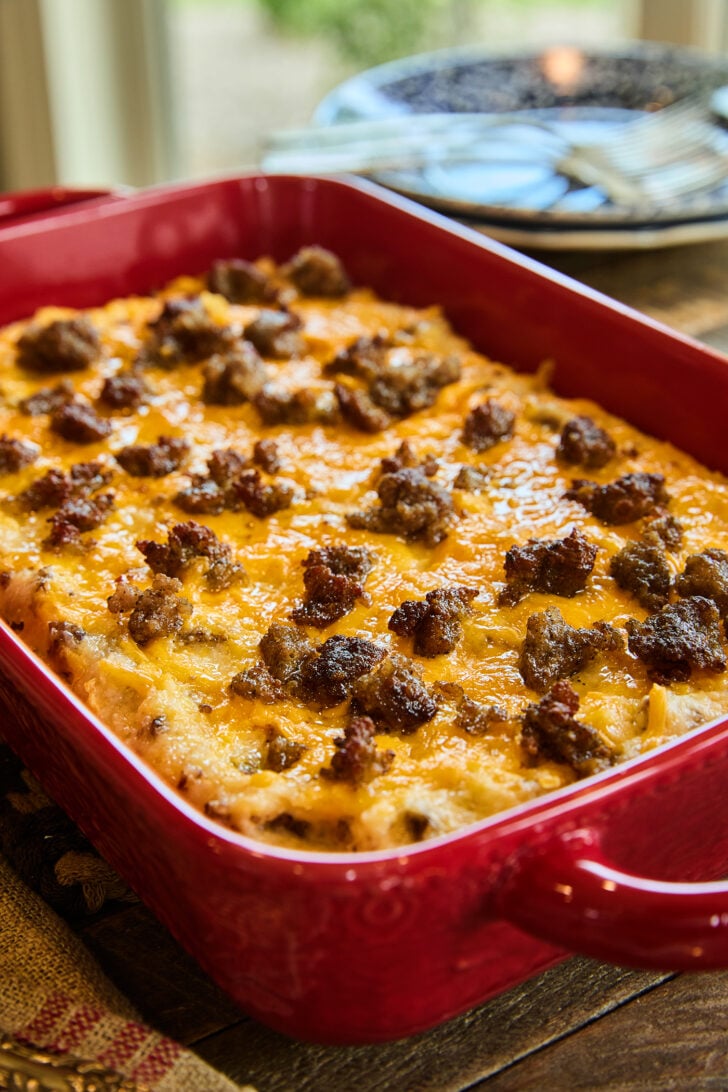 Grits and Sausage Casserole in a baking dish.