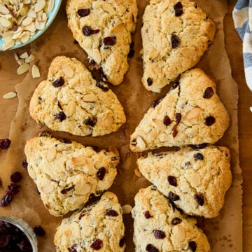 Overhead image of scones on parchment.
