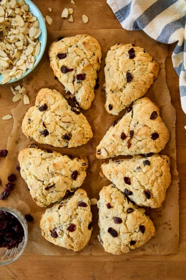 Overhead image of scones on parchment.