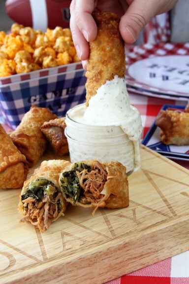 Pulled Pork and Collard Green Egg Rolls with Alabama White BBQ Dipping Sauce