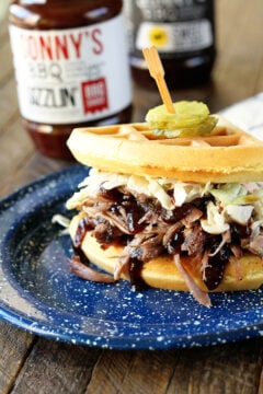 Cornbread Waffle Pulled Pork Sandwiche on Plate