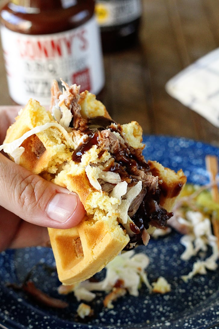 Cornbread Waffle Pulled Pork Sandwich with bites missing