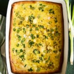 Overhead view of ham and swiss breakfast casserole.