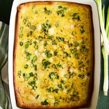 Overhead view of ham and swiss breakfast casserole.