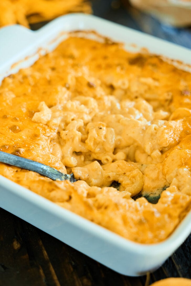 Classic Baked Macaroni and Cheese in dish.