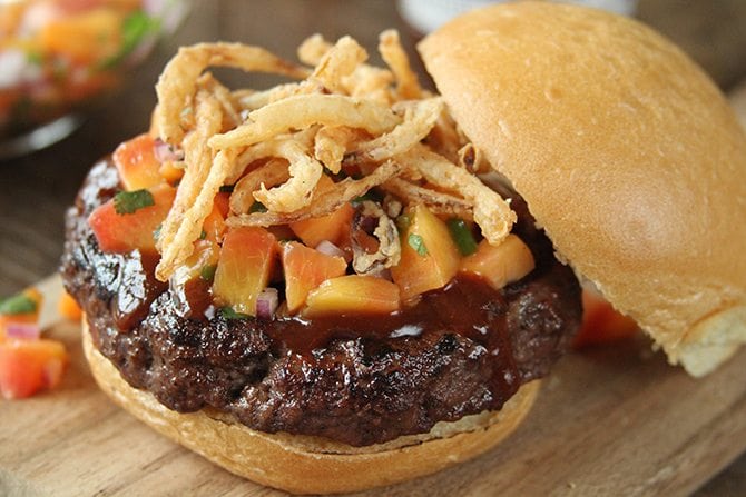 Shrimp Burgers with Chipotle Cream and Coconut Peach Salsa