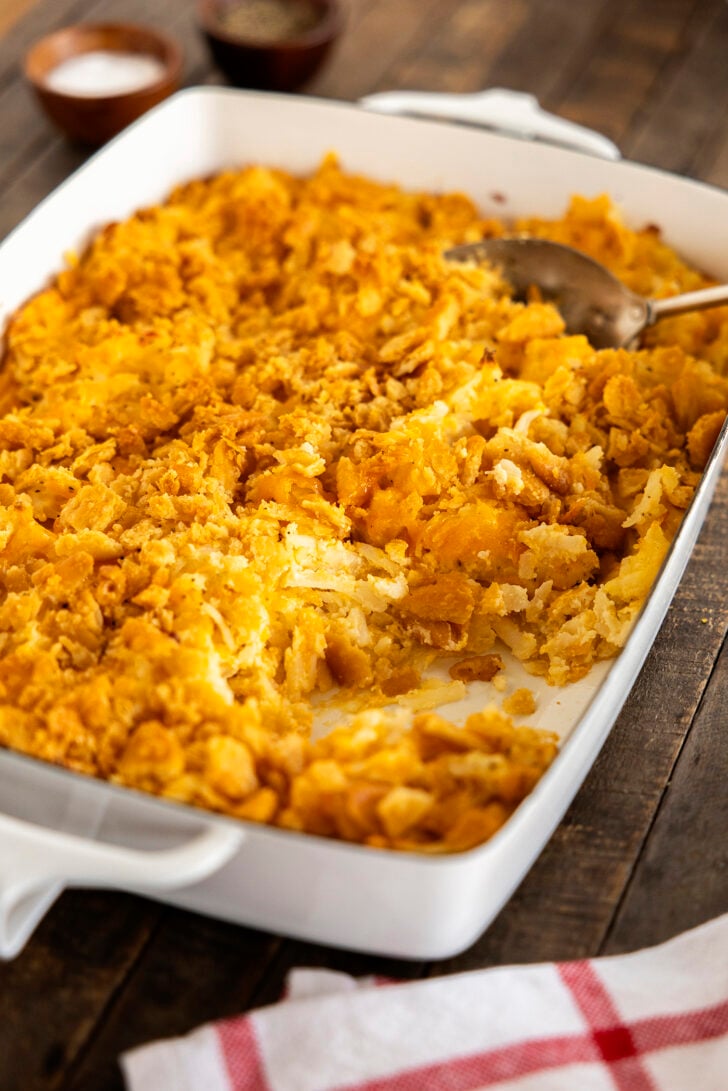 Hash Brown Casserole with spoonful missing.