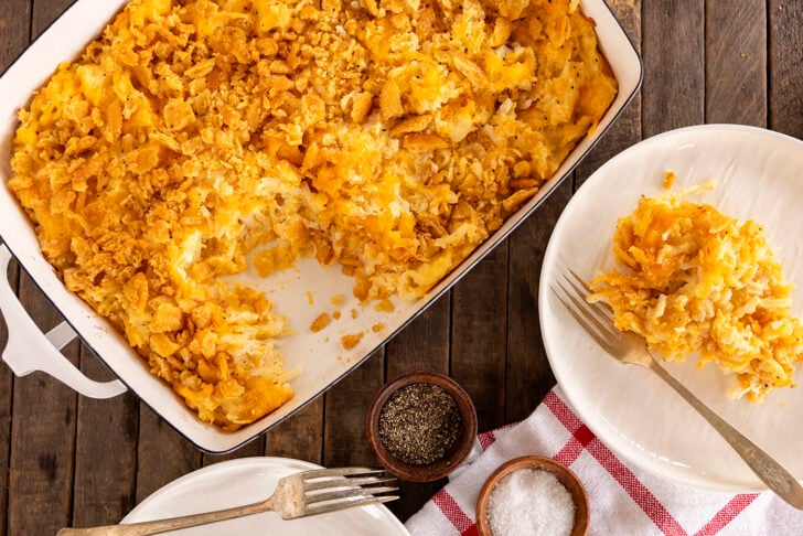 Overhead view of Hash Brown Casserole being served.