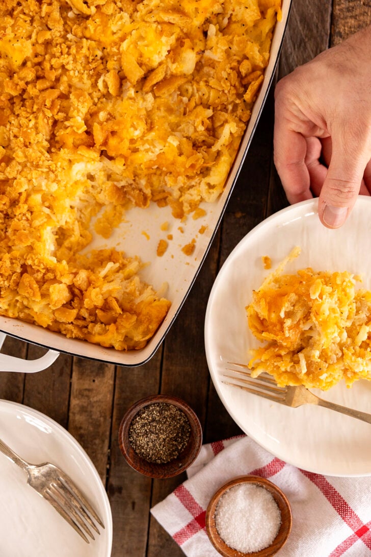 Overhead view of Hash Brown Casserole being served.