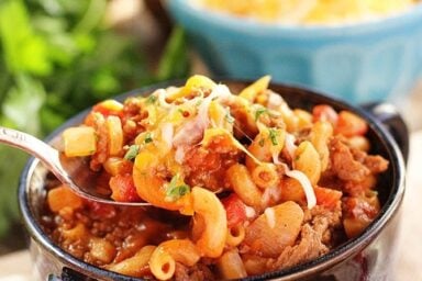 Photo of Chili Mac in blue serving bowl