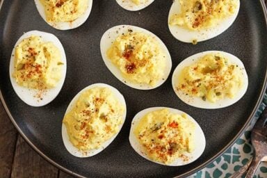 Classic Southern Deviled Eggs on black serving dish
