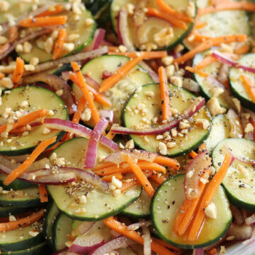 Garlic Soy cucumber Salad on stripped towel