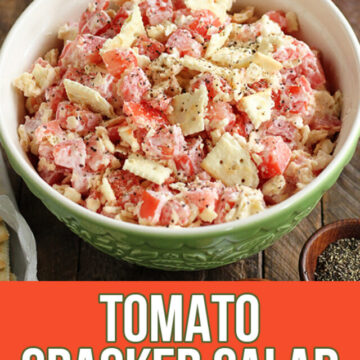 Tomato Cracker Salad in a green bowl