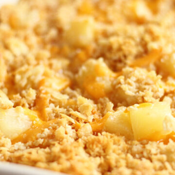Pineapple Cheese Casserole in white dish