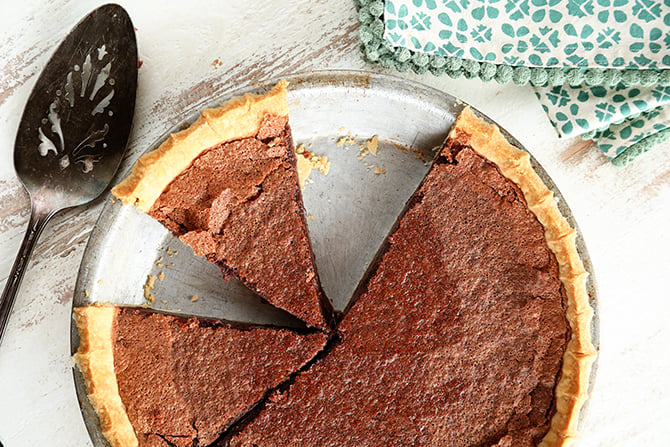 Chocolate Chess Pie sliced view from top.