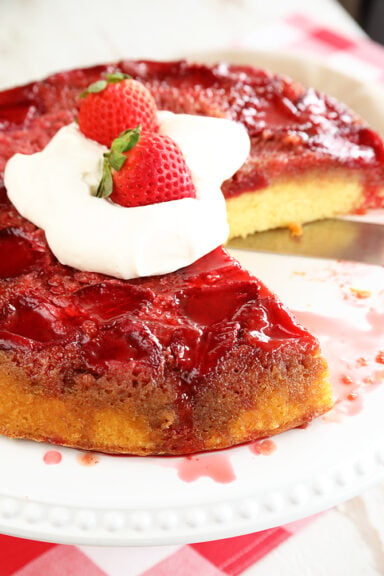 Strawberry Upside Down Cake with piece misssing