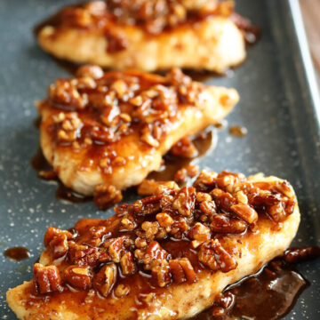 Honey Garlic Pecan chicken on baking pan