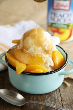 Brown Sugar Peach Sauce Served in Peaches and Ice Cream.