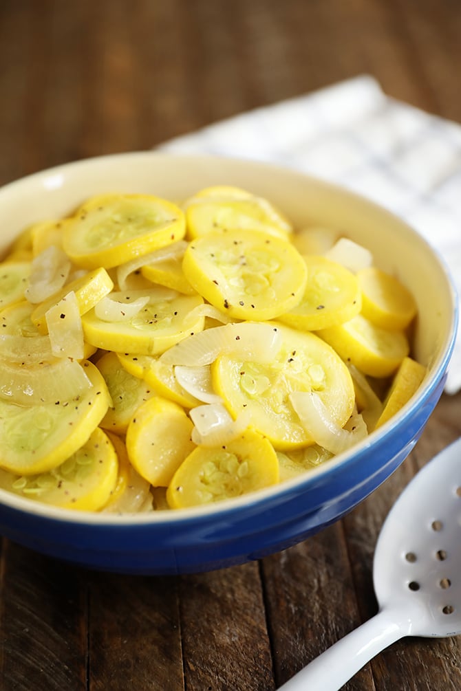 Squash and onions served in blue bowl