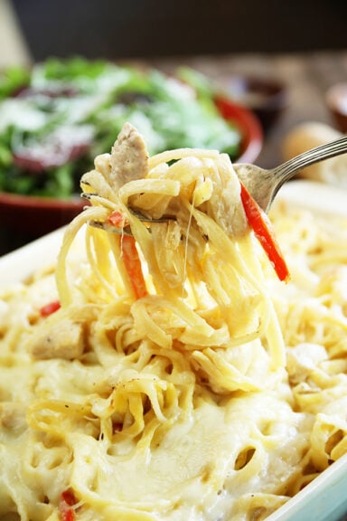 Ultimate Baked Alfredo close up photo on fork