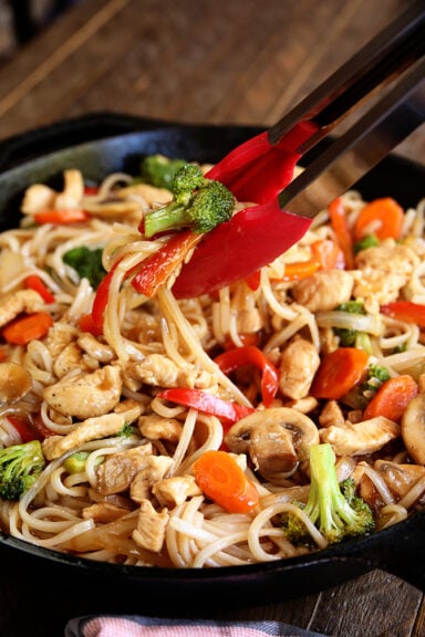 Easy Chicken Noodle Stir Fry being served.