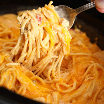 Crock Pot Chicken Spaghetti served with fork