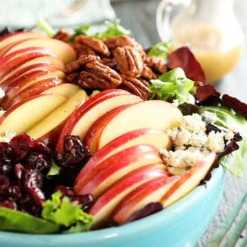 Apple Pecan salad in blue bowl