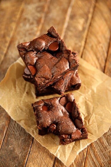 Cake Mix Brownies Cut in Squares.