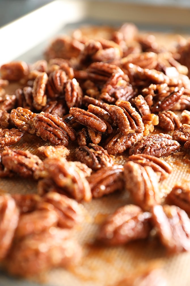 Candied Pecans on wooden server