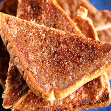 Overhead shot of Cinnamon Toast on a blue plate