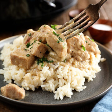 Pork tips served over rice