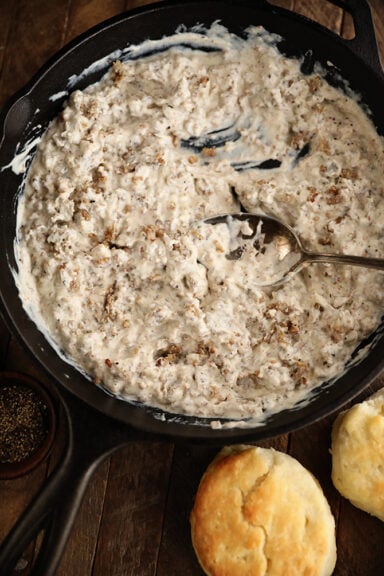 Sausage Gravy in a cast iron skillet