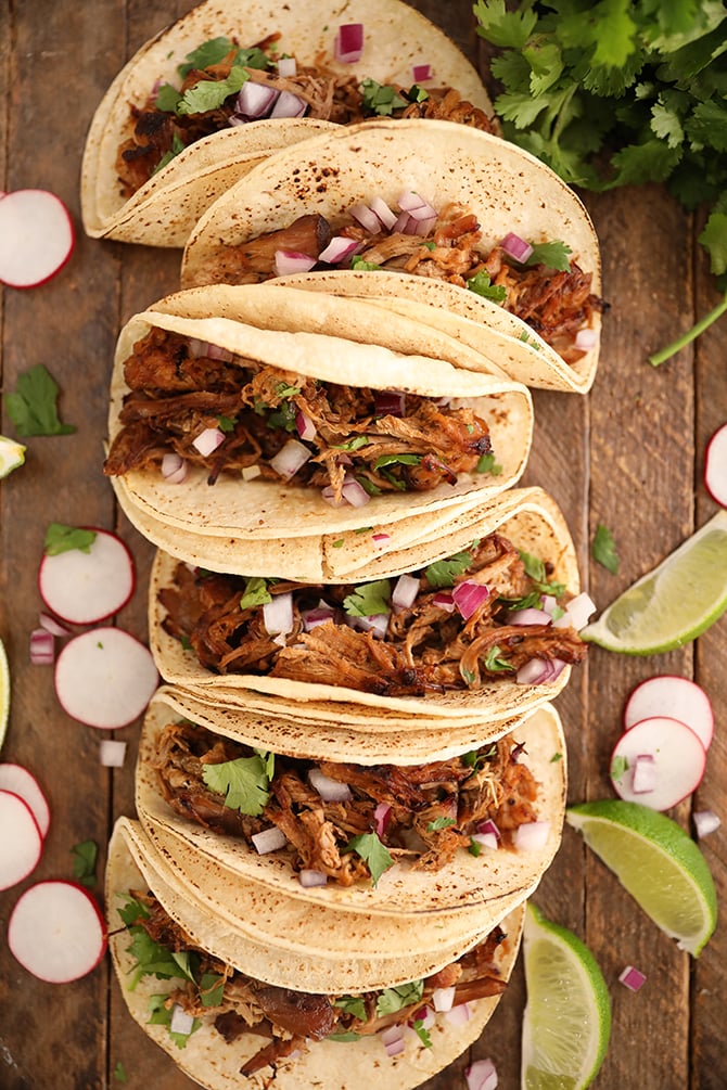 Tacos made from Slow Cooker Pork Carnitas