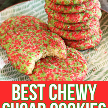 Chewy Sugar Cookies on a plate - image for Pinterest.