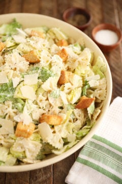 Pasta Caesar Salad with cheese in a bowl