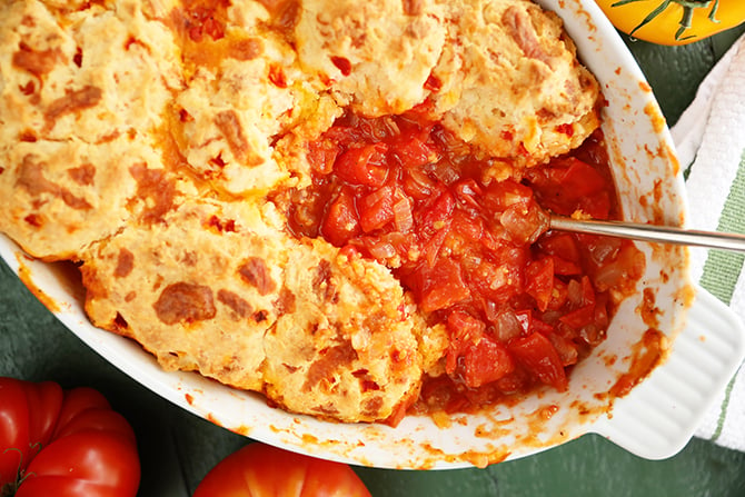 Tomato Cobbler with Pimento Cheese Biscuits