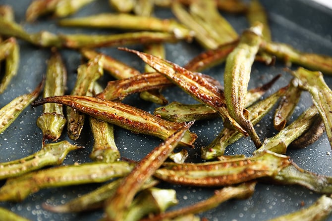 Crispy Roasted Okra with Creamy Lemon Dressing