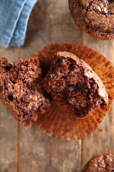 Chocolate Chocolate Chip Muffins broken open