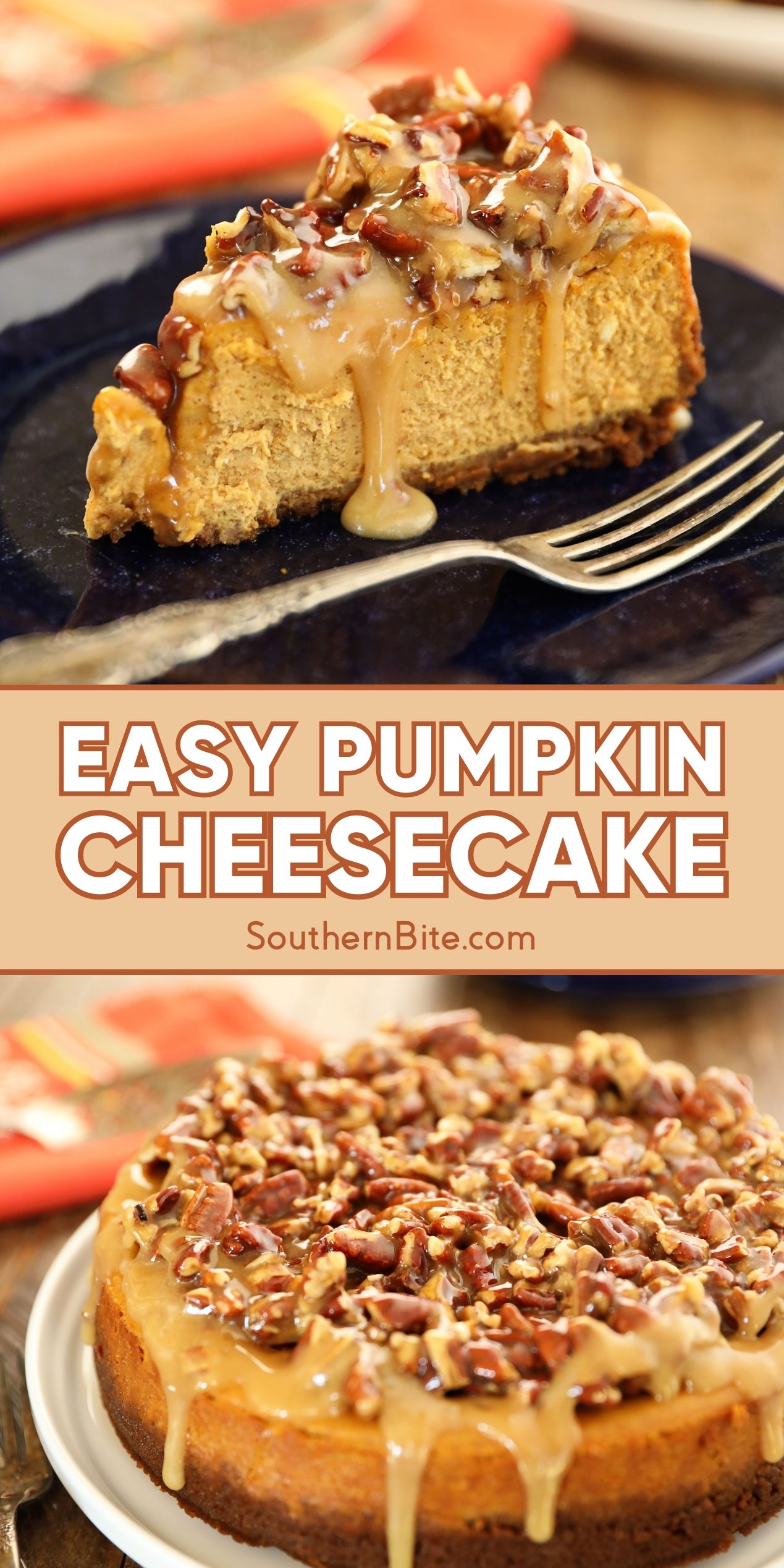 Easy Pumpkin Cheesecake with Pecan Pie Topping - Southern Bite