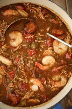 Chicken, Sausage, and Shrimp Gumbo in dutch oven